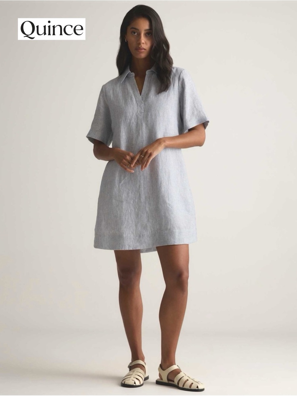 Quince 100% European Linen Popover Mini Dress Blue Pinstripe M Summer Pockets - Picture 2 of 15